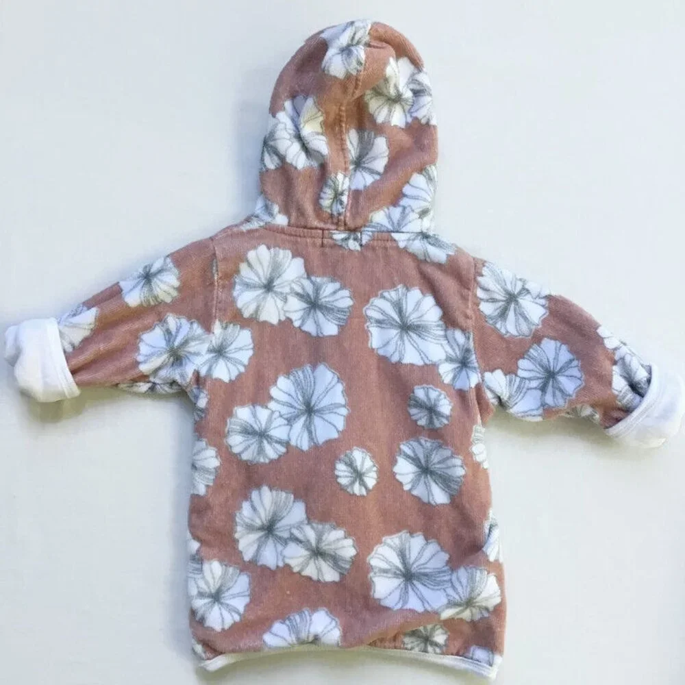 Milkbarn Hooded Bath Robe Infant Girl 0-9 Mos. Pink White Floral Organic Cotton